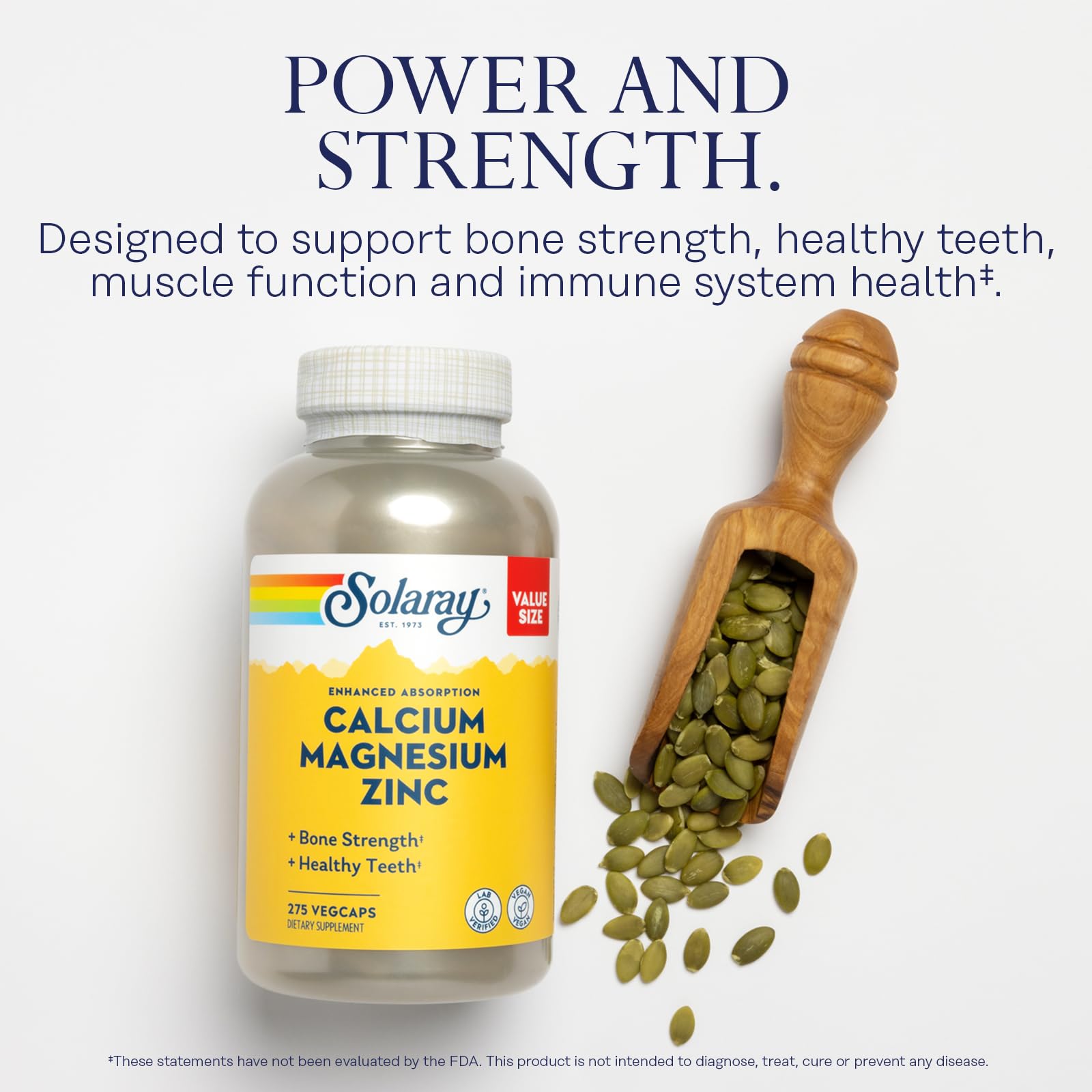 SOLARAY Calcium Magnesium Zinc bottle with label emphasizing eco-friendly packaging.