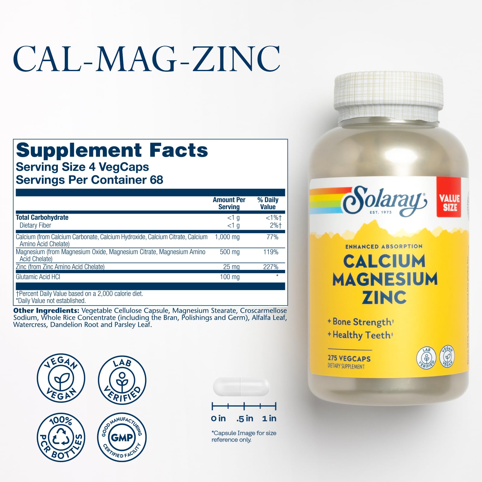 SOLARAY Calcium Magnesium Zinc capsules close-up showing easy-to-take vegan vegcaps for daily mineral balance.