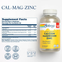 SOLARAY Calcium Magnesium Zinc capsules close-up showing easy-to-take vegan vegcaps for daily mineral balance.