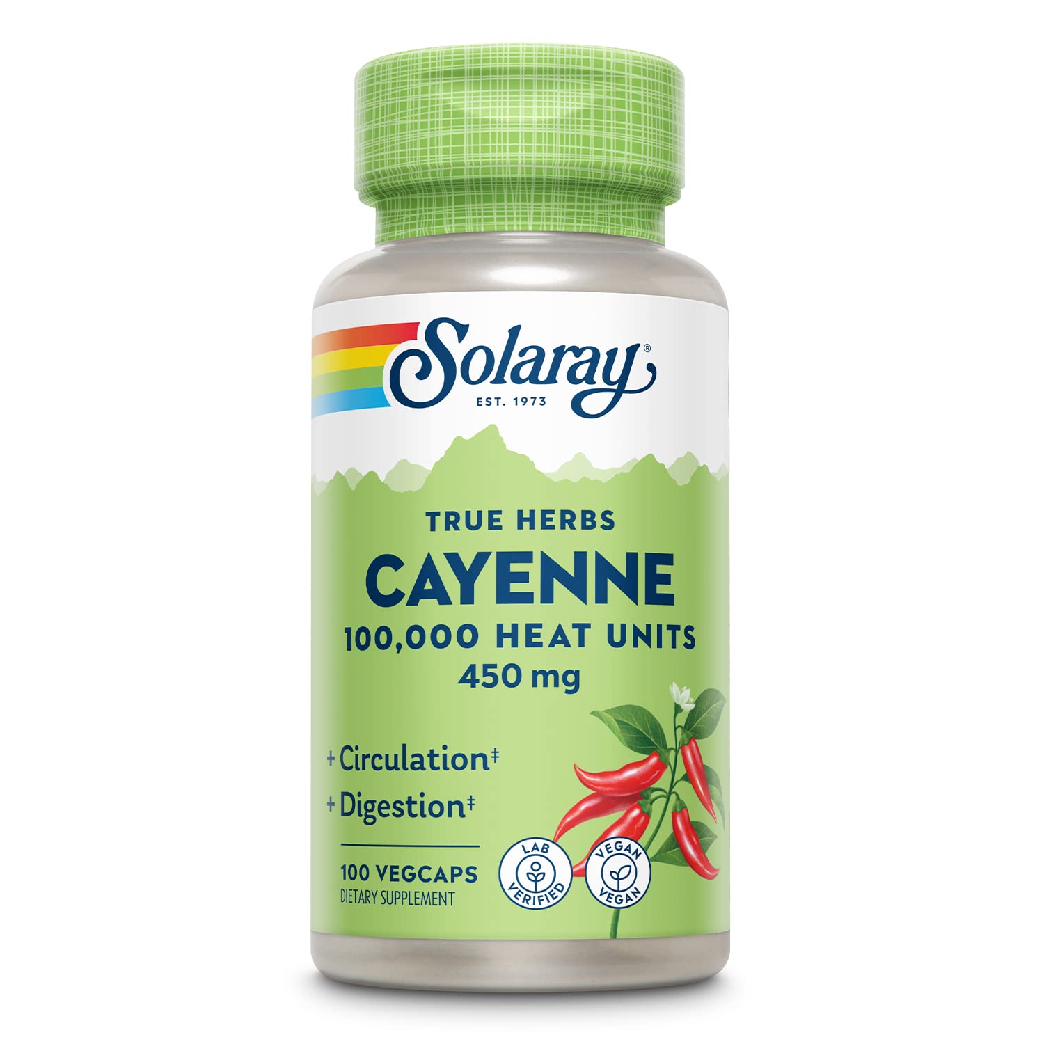Solaray Cayenne 100000 Heat Units bottle front highlights daily wellness use