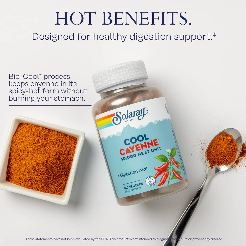 SOLARAY Cayenne capsules close-up showing capsaicin-rich content.