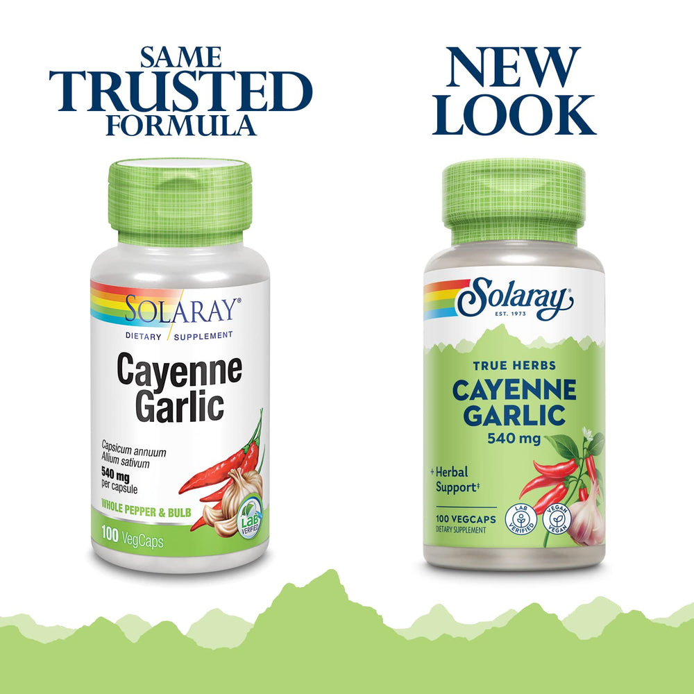 Solaray Cayenne Garlic label showing Non-GMO Project Verified and vegan status.