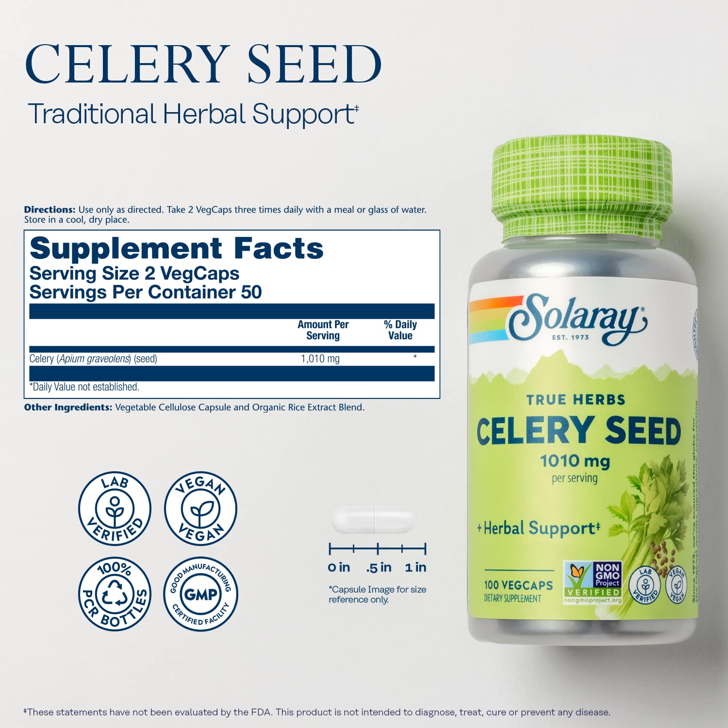 SOLARAY celery seed 505mg capsules pour bottle scene for easy daily use.