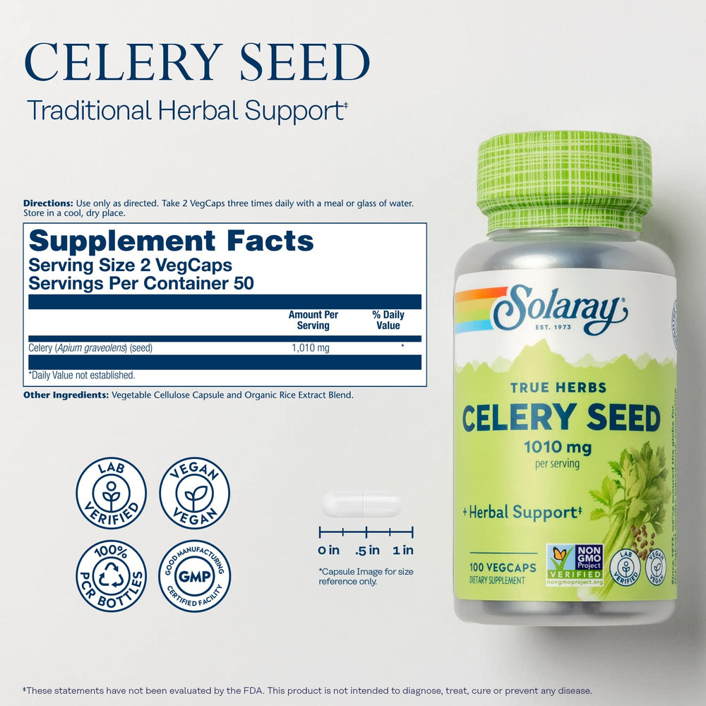SOLARAY celery seed 505mg capsules pour bottle scene for easy daily use.