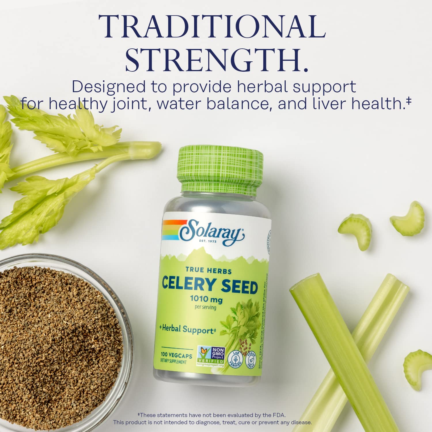 SOLARAY celery seed capsules close-up highlighting texture and quality.