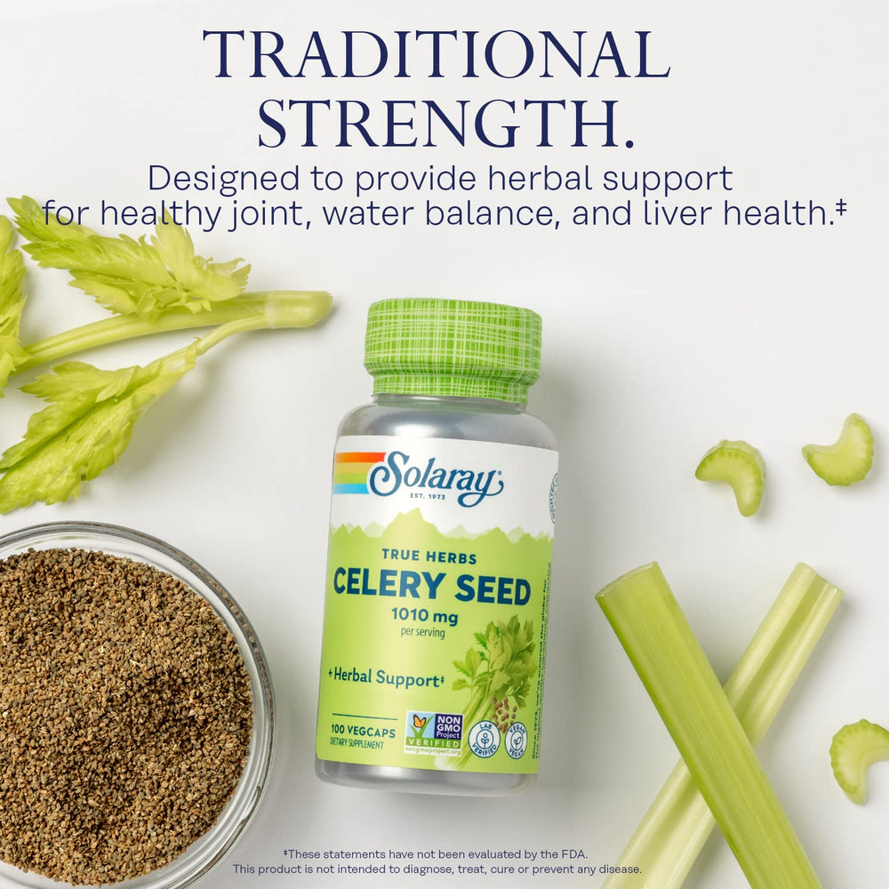 SOLARAY celery seed capsules close-up highlighting texture and quality.