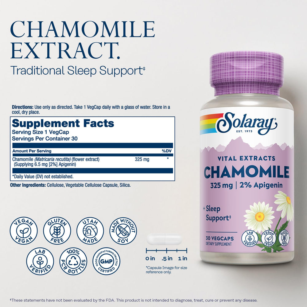 SOLARAY Chamomile capsules close-up showing convenient vegan capsules.
