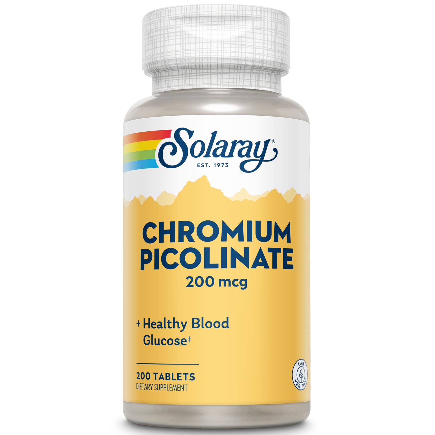 Solaray chromium picolinate tablets on bottle label, 200 mcg dose, tested for quality.