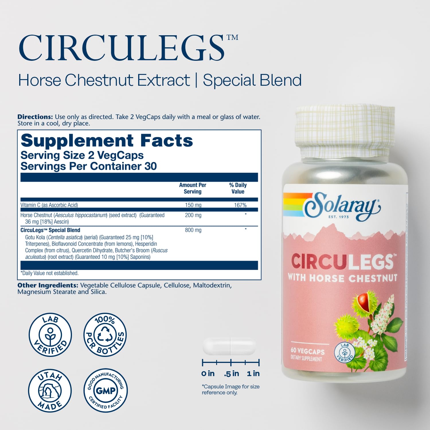Circulegs bottle beside ingredient list for circulation support.