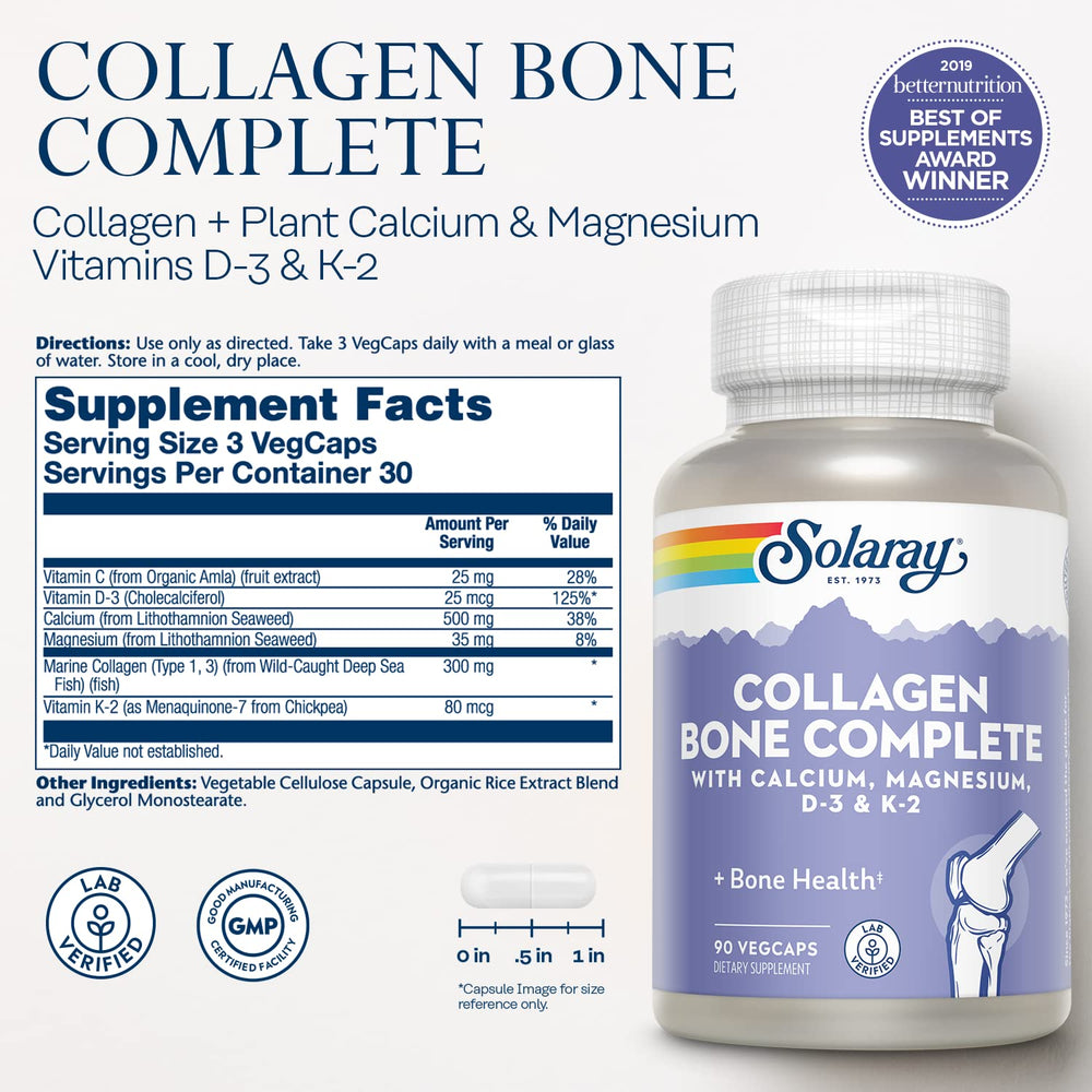 Solaray Collagen Bone Complete calcium and D3 visual highlight for absorption support