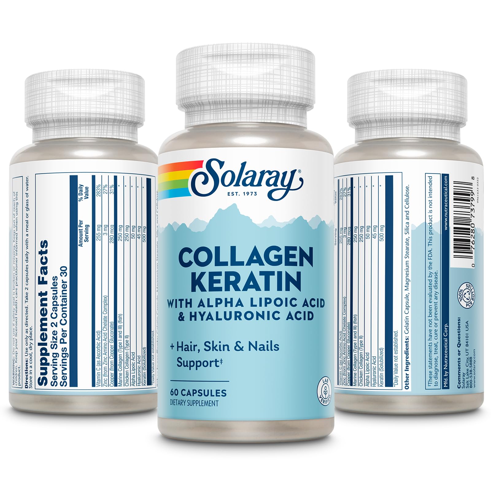 SOLARAY 60 capsules offer 30 servings for daily collagen-keratin support.