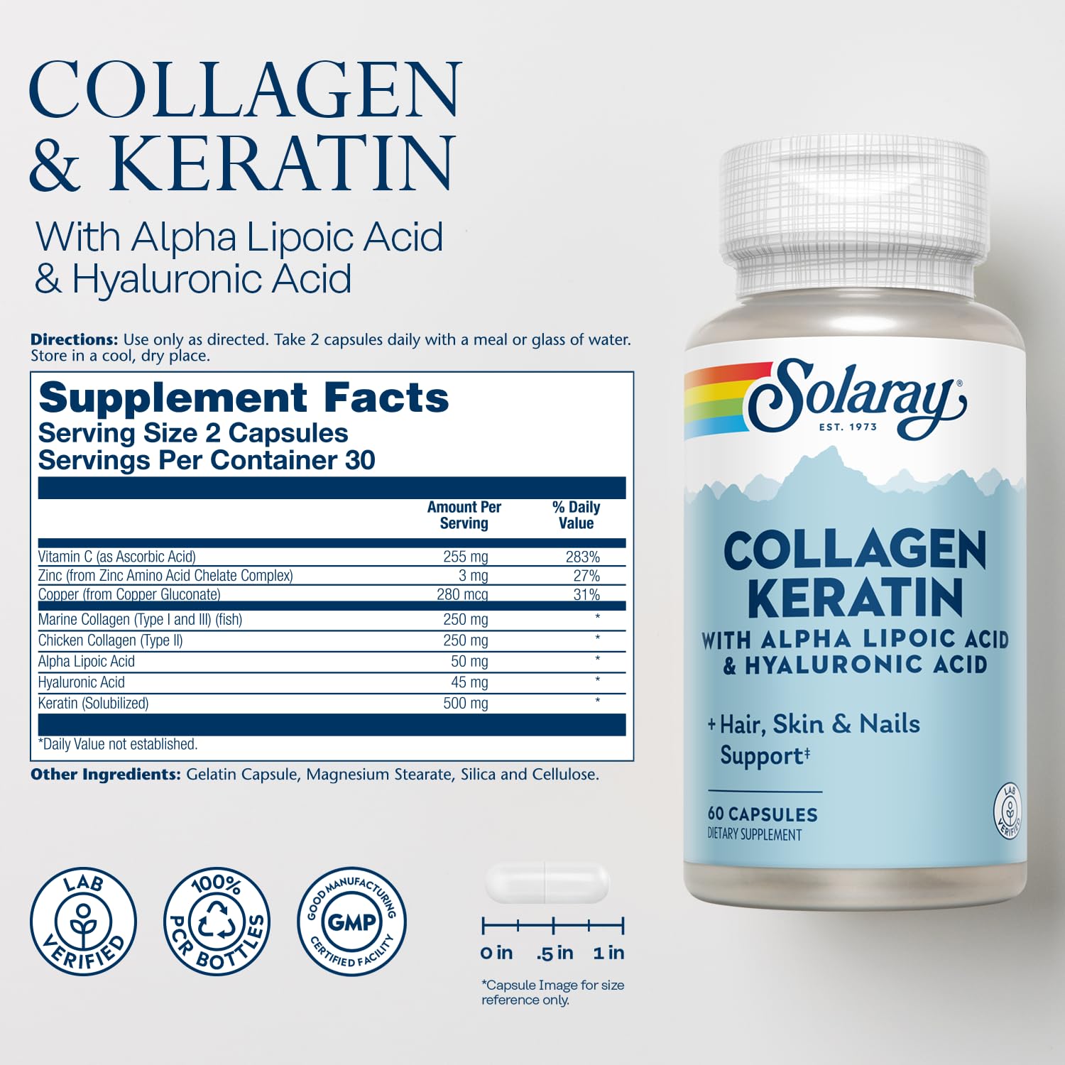 SOLARAY Type I II III collagen capsules for connective tissue health.