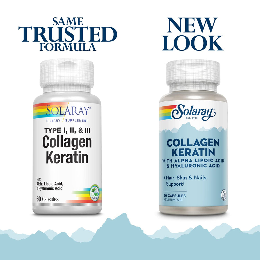 SOLARAY Collagen Keratin capsules blend marine and chicken collagen for hair, skin, and nails.