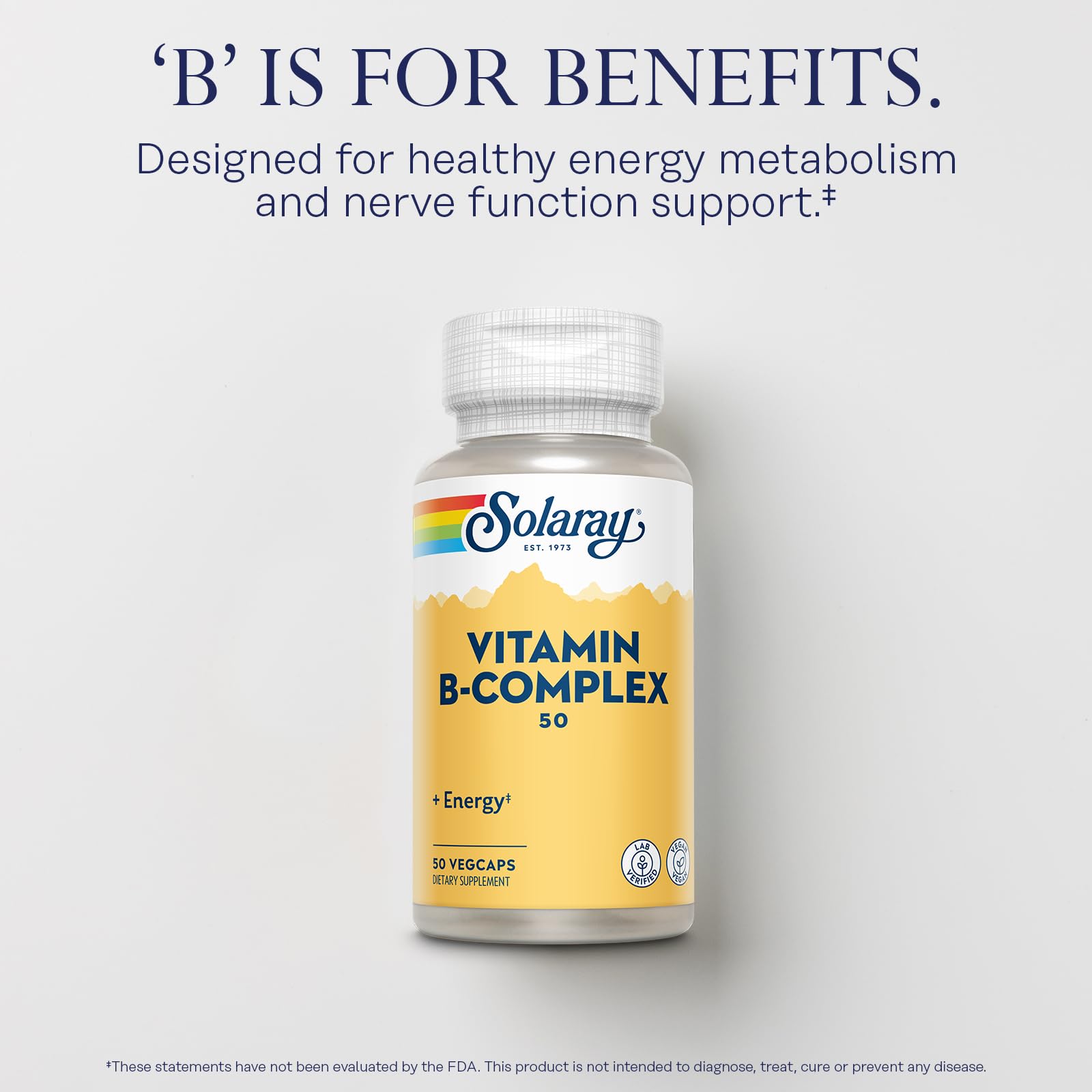 SOLARAY complejo B etiqueta clara destacando beneficios clave.