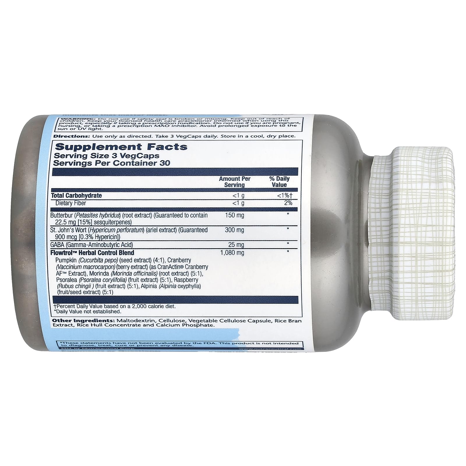 SOLARAY Continence Max Flowtrol capsules close-up, showcasing vegetarian capsules for plant-based routines.