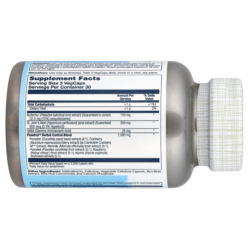 SOLARAY Continence Max Flowtrol capsules close-up, showcasing vegetarian capsules for plant-based routines.