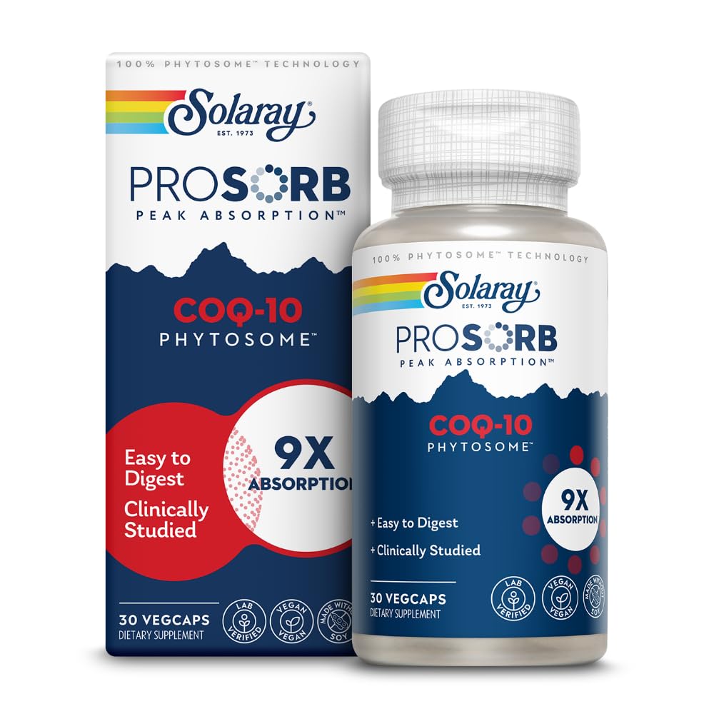 SOLARAY CoQ-10 Phytosome bottle shows 200 mg capsules for daily antioxidant support