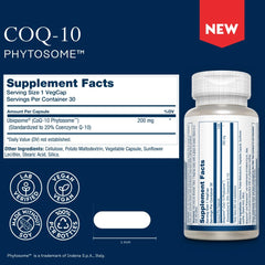 SOLARAY CoQ-10 Phytosome pour image highlights easy-to-swallow capsules for digestion-friendly daily use