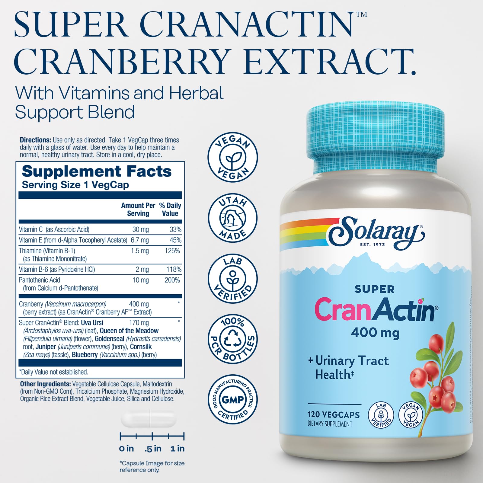 Solaray CranActin bottle front showing convenient cranberry extract.