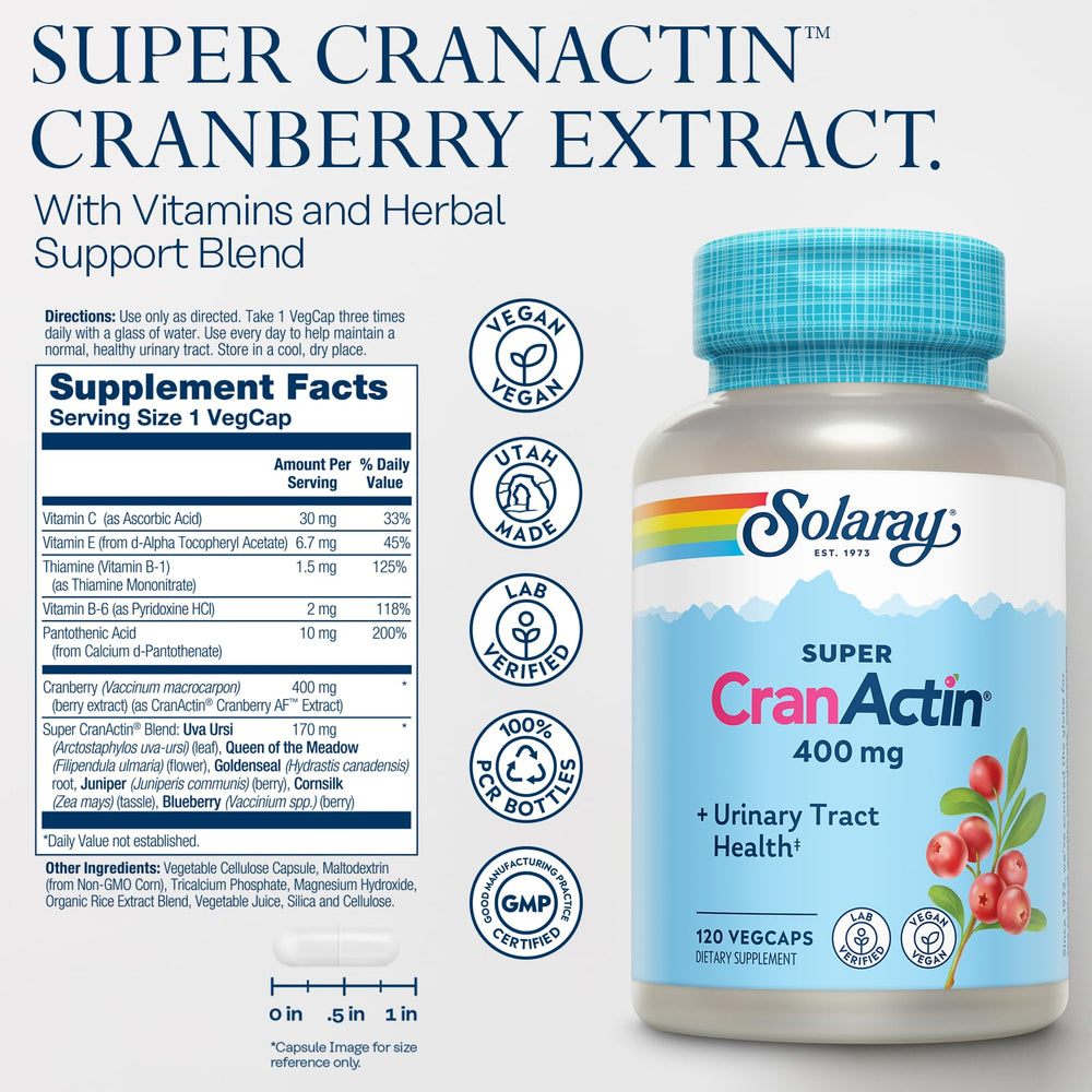 Solaray CranActin bottle front showing convenient cranberry extract.