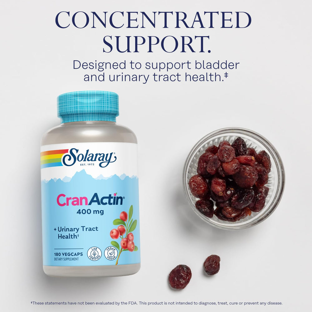 Solaray Cranactin capsules label highlighting cranberry AF extract ingredients for urinary tract support.