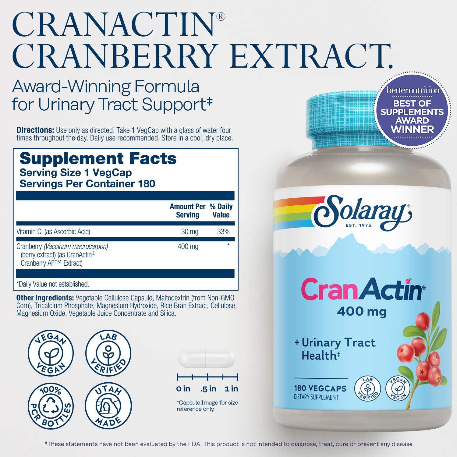 Solaray Cranactin Cranberry AF Extract capsules bottle for daily urinary tract support.
