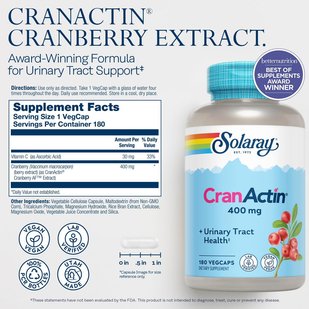 Solaray Cranactin Cranberry AF Extract capsules bottle for daily urinary tract support.
