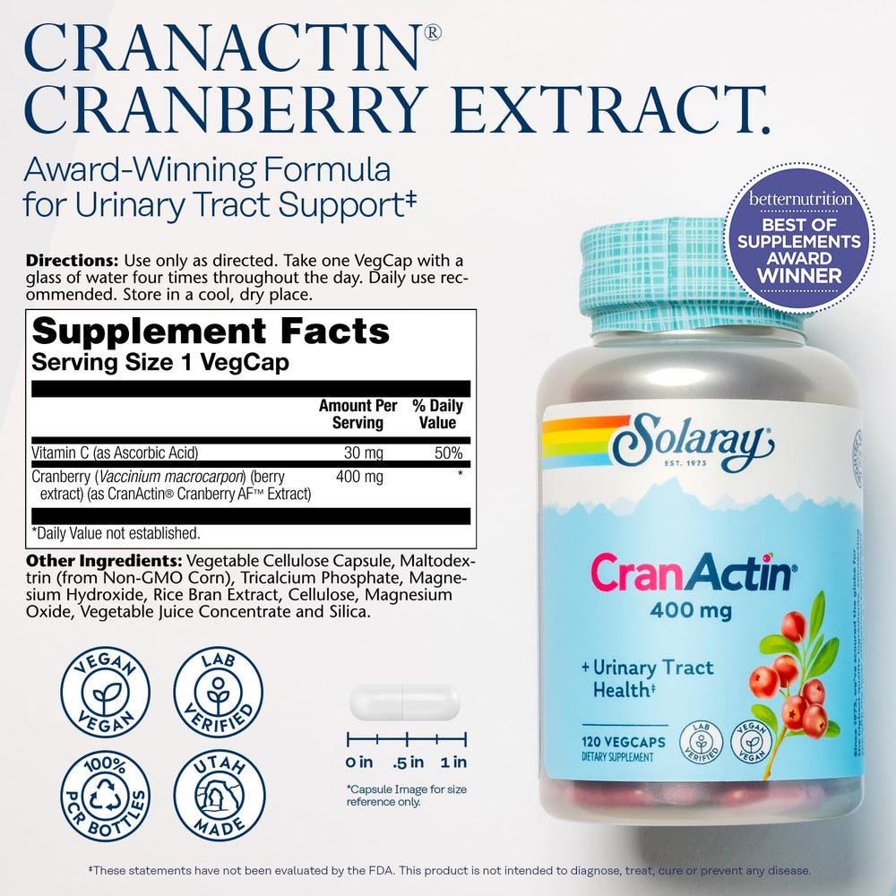 SOLARAY CranActin capsules close-up showing vegan formulation for everyday use