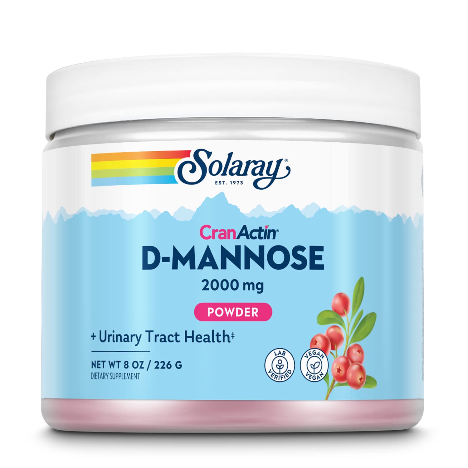 SOLARAY D-Mannose with CranActin bottle showing UT support formula for daily balance