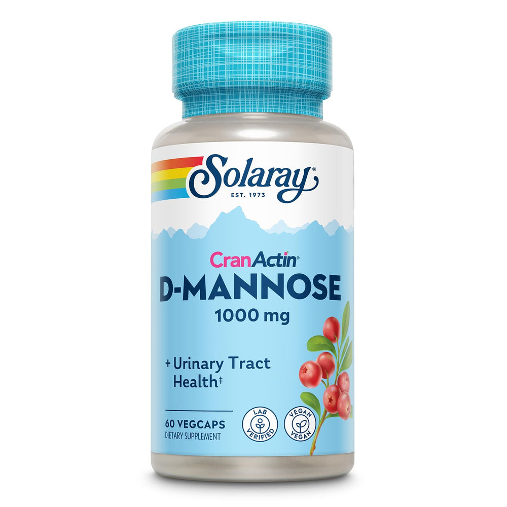 SOLARAY D-Mannose CranActin cranberry capsules for urinary tract support and daily balance.