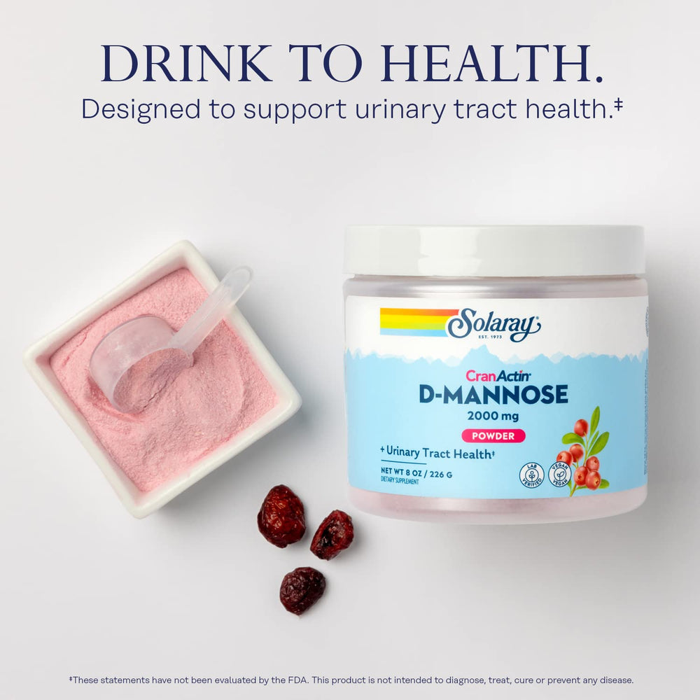 SOLARAY D-Mannose with CranActin mix in water showing refreshing lemon-berry flavor