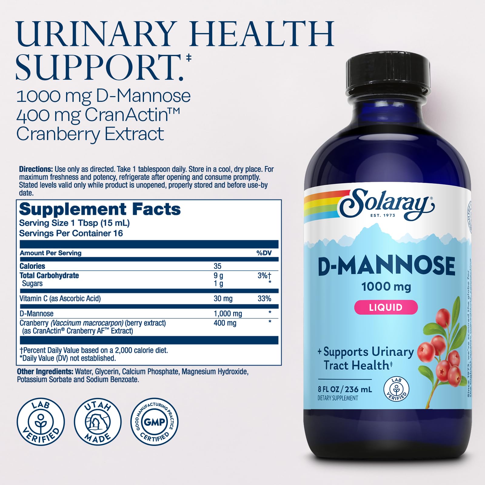 SOLARAY D-Mannose Liquid bottle dispensing close-up for convenient intake.