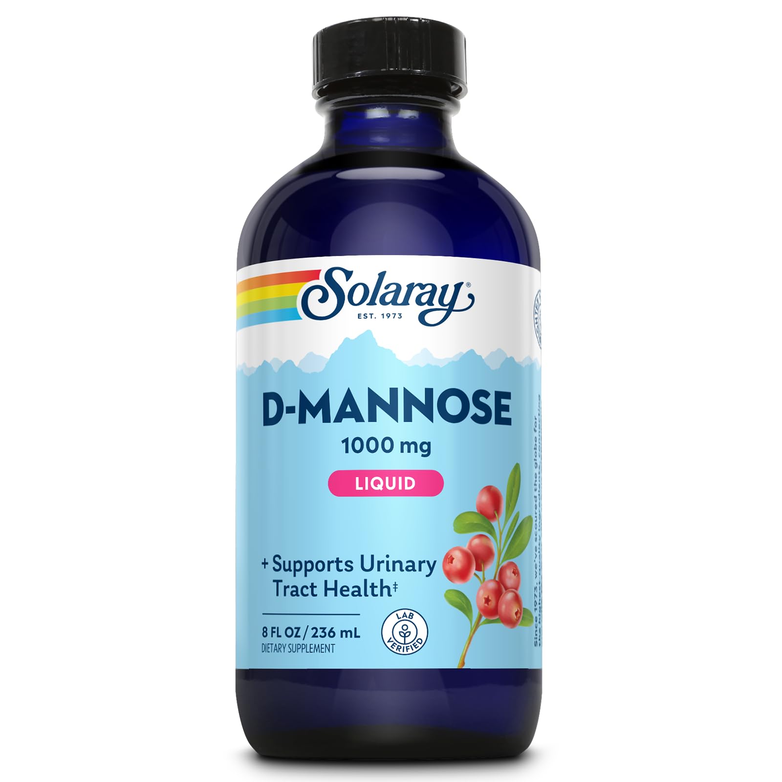 SOLARAY D-Mannose Liquid bottle pour supports easy daily dosing for urinary wellness.