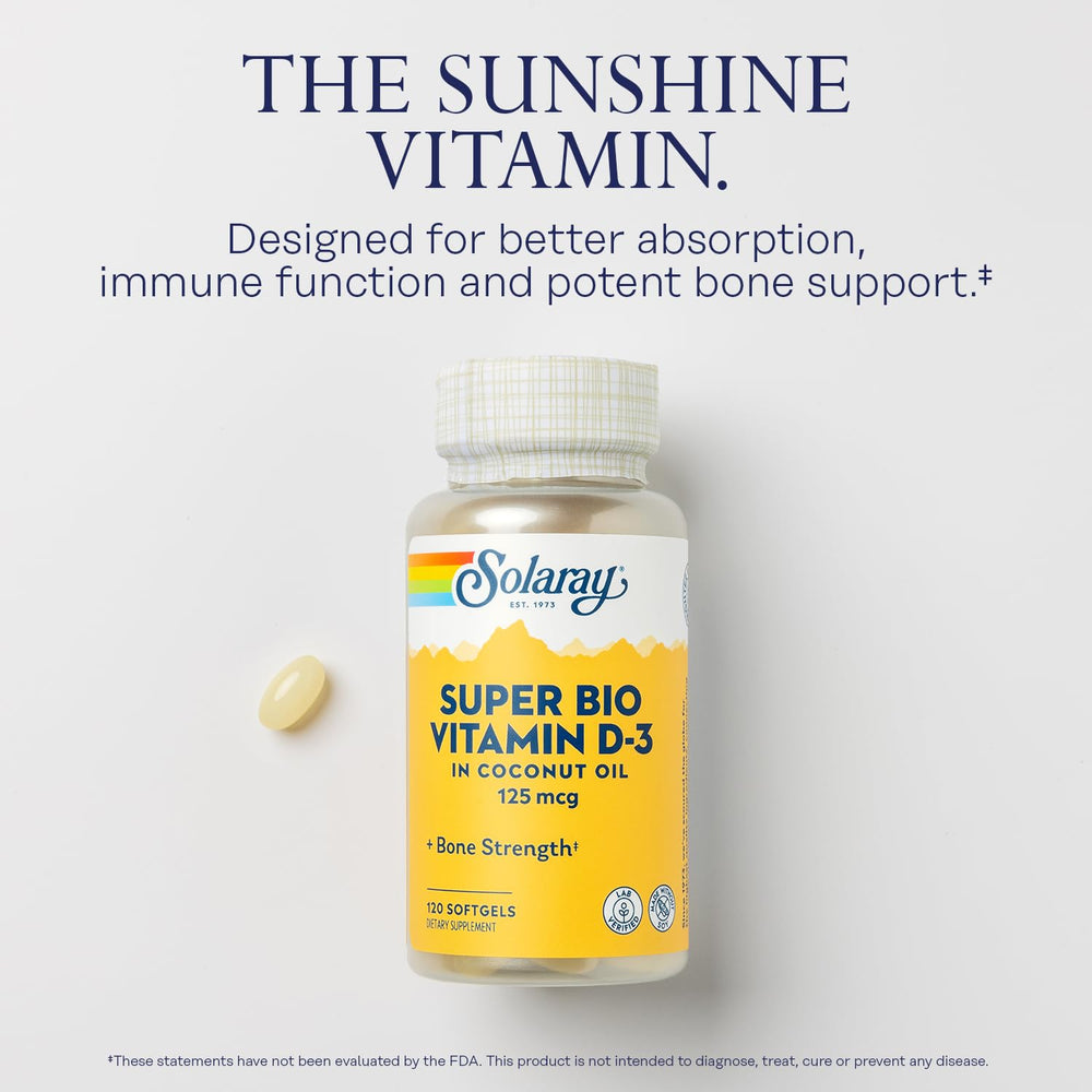 SOLARAY D3 softgels 5000 IU arranged, easy-to-swallow