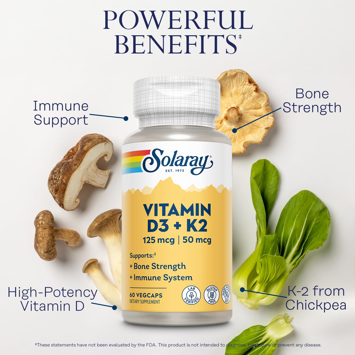 Close-up of the SOLARAY D3 K2 label with key ingredient information.