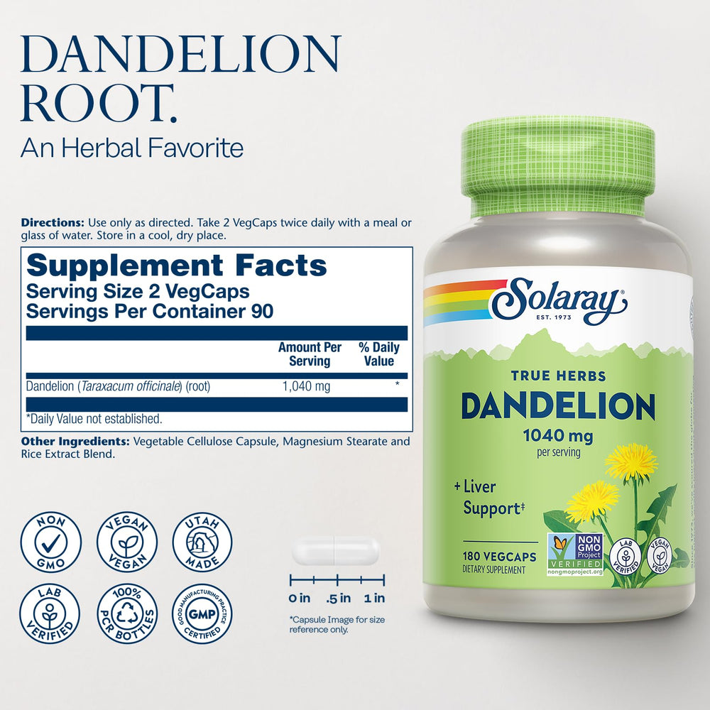 SOLARAY Dandelion Root capsules ready to take daily.