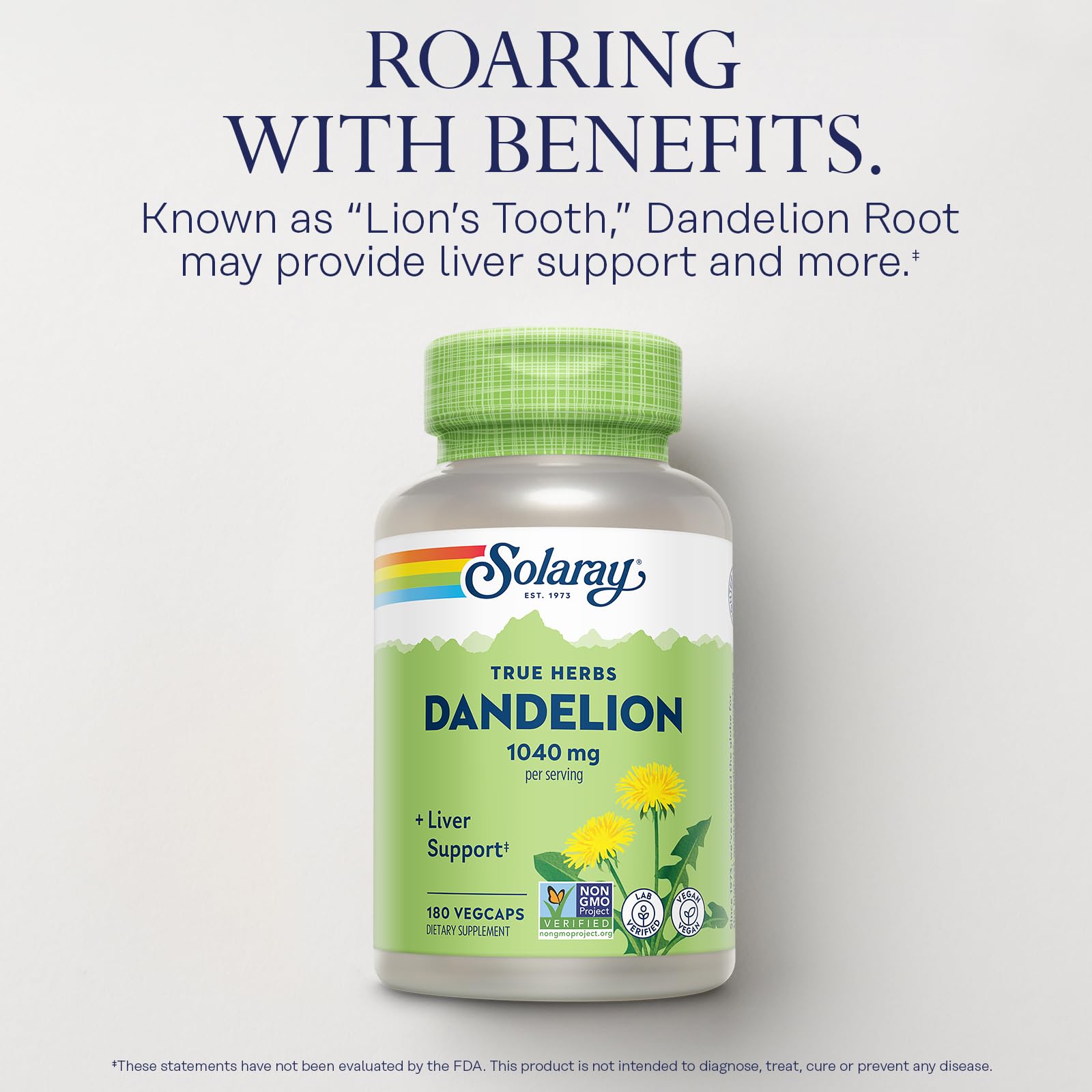 SOLARAY Dandelion Root label closeup shows vegan, lab-verified quality.