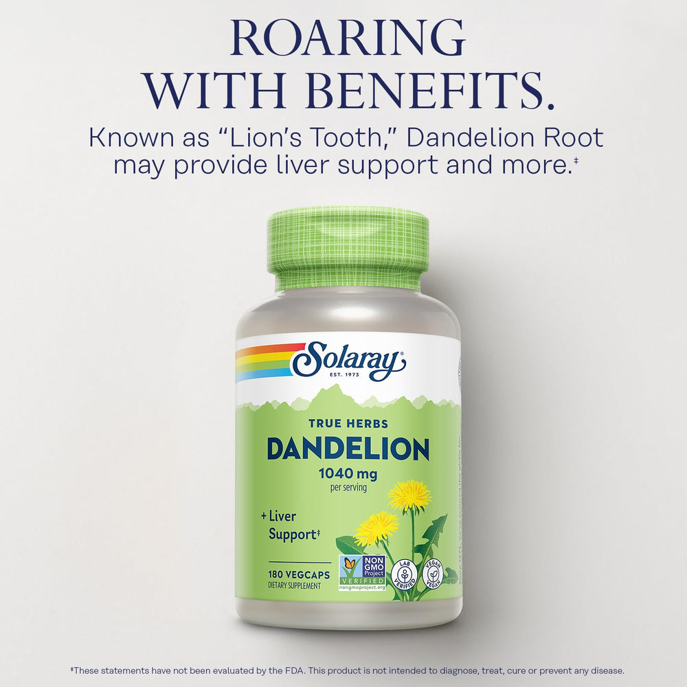SOLARAY Dandelion Root label closeup shows vegan, lab-verified quality.