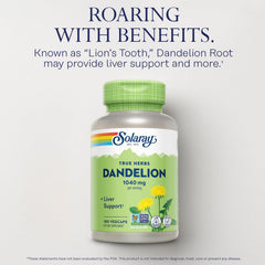 SOLARAY Dandelion Root label closeup shows vegan, lab-verified quality.