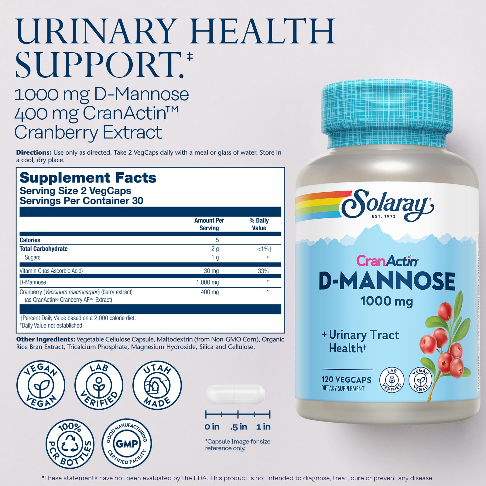 SOLARAY D-Mannose bottle pouring capsules for on-the-go use.