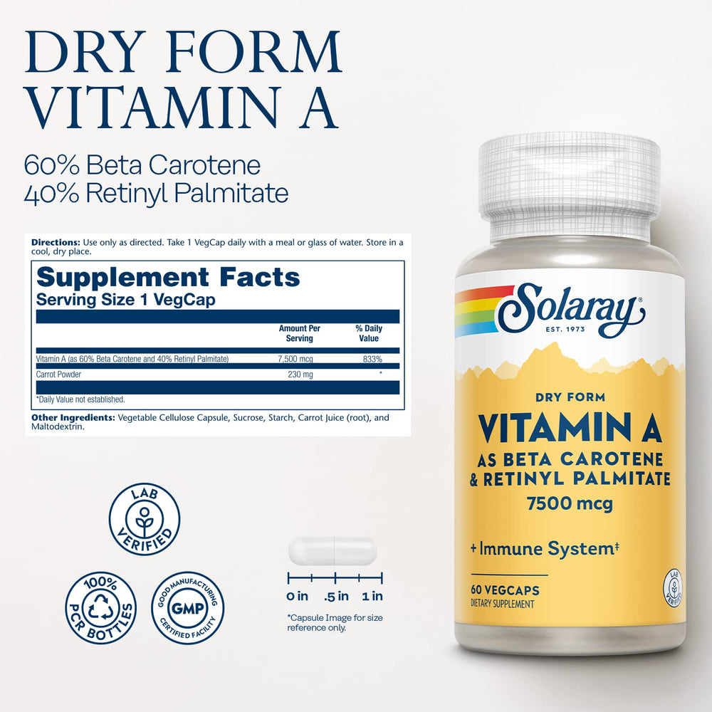 SOLARAY Vitamin A capsules poured on a surface highlighting dry-form convenience.