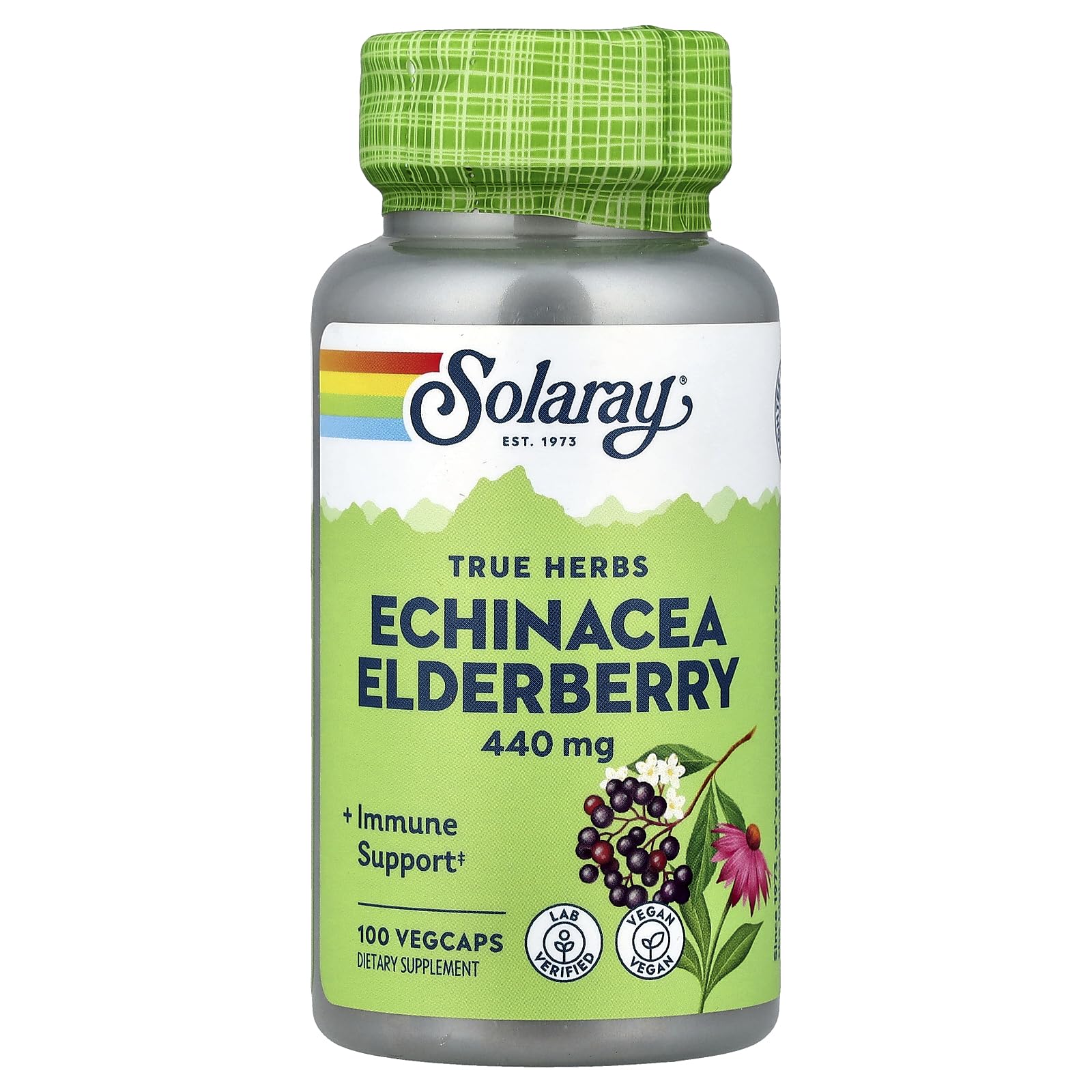 SOLARAY Echinacea and Elderberry capsules bottle showing convenient daily support