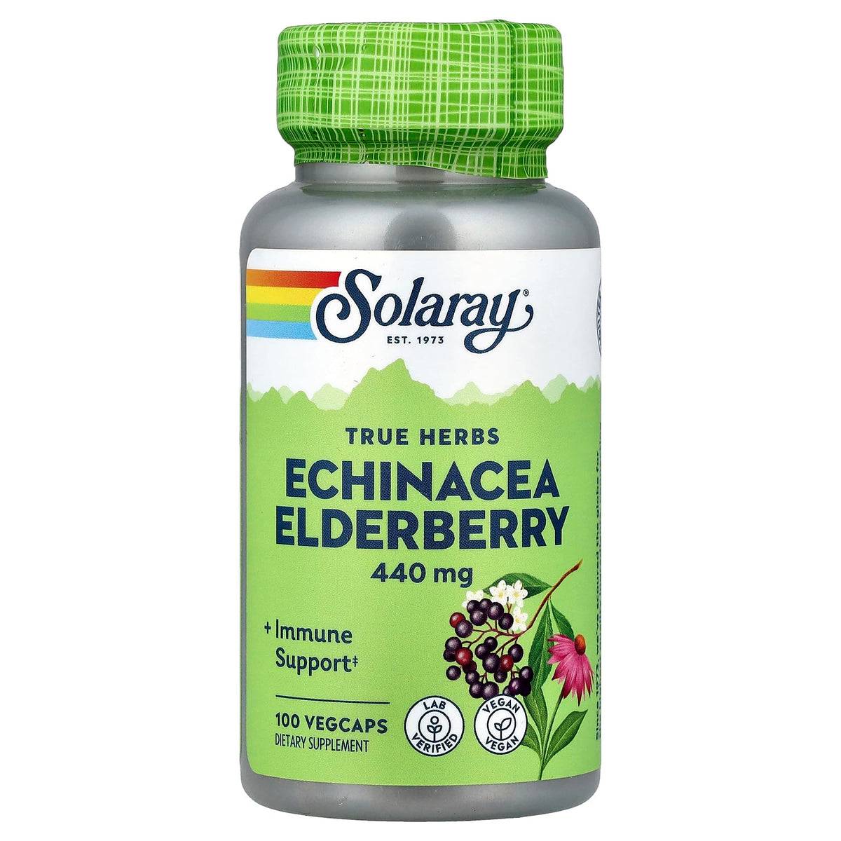 SOLARAY Echinacea and Elderberry capsules bottle showing convenient daily support