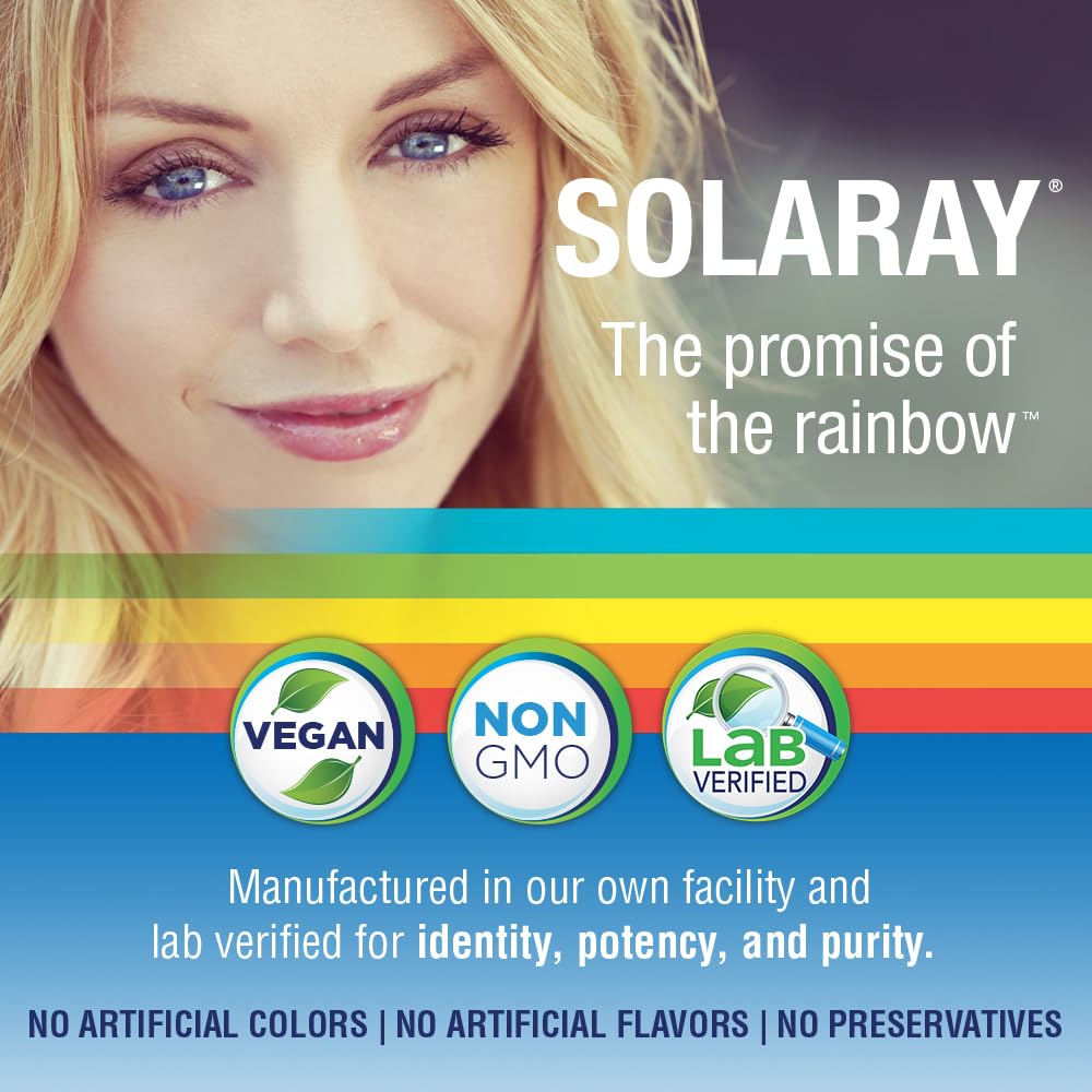 SOLARAY eco-friendly packaging using 100% PCR bottles to reduce plastic waste.