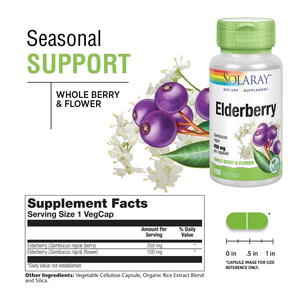 SOLARAY Elderberry capsules label detail showing full ingredient list and non-GMO quality.