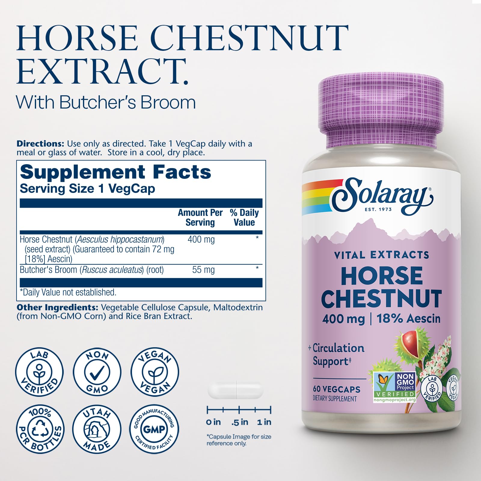 Solaray Escoba de Carnicero 55 mg para soporte venoso y circulación.
