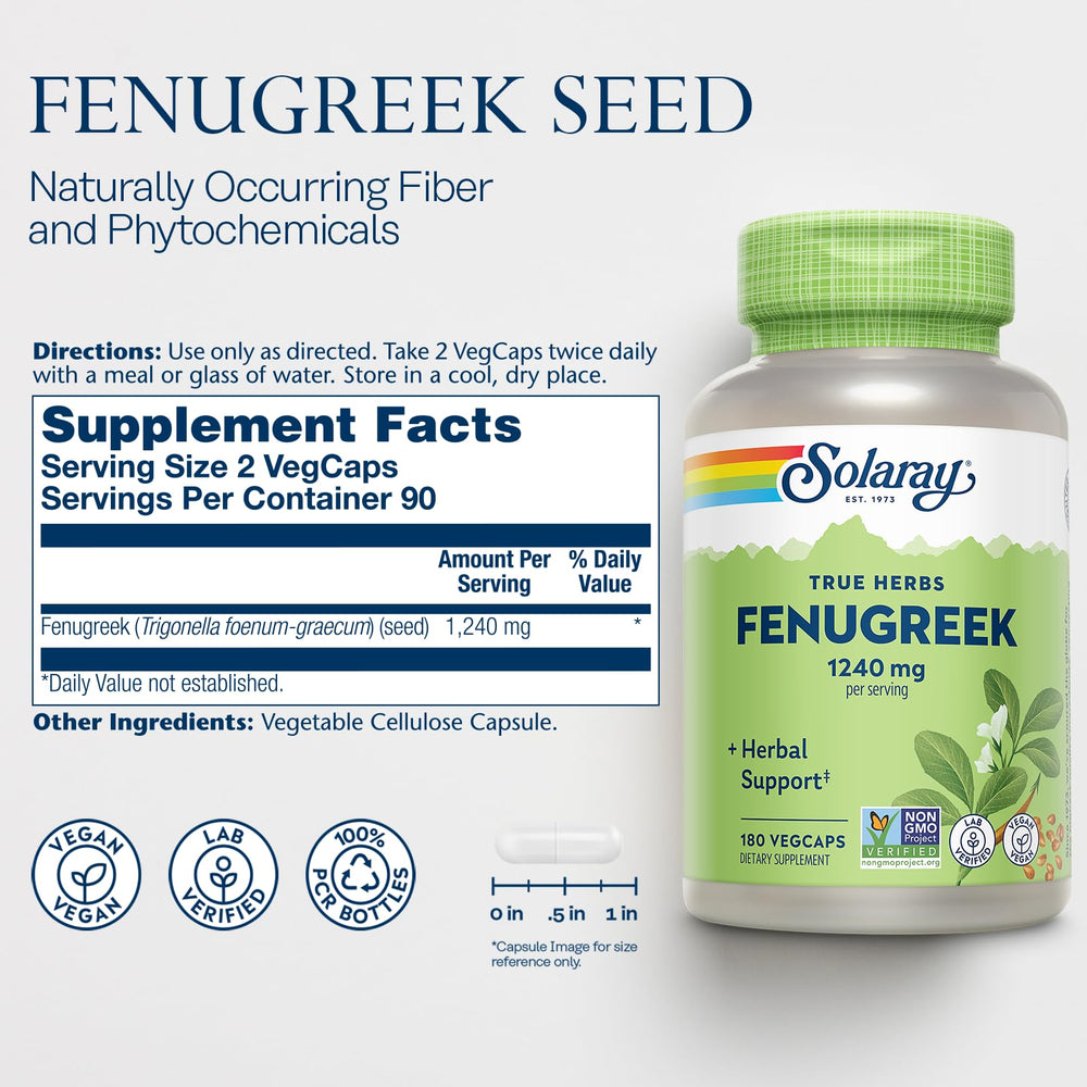 SOLARAY fenugreek seed bottle label closeup confirms quality and purity.