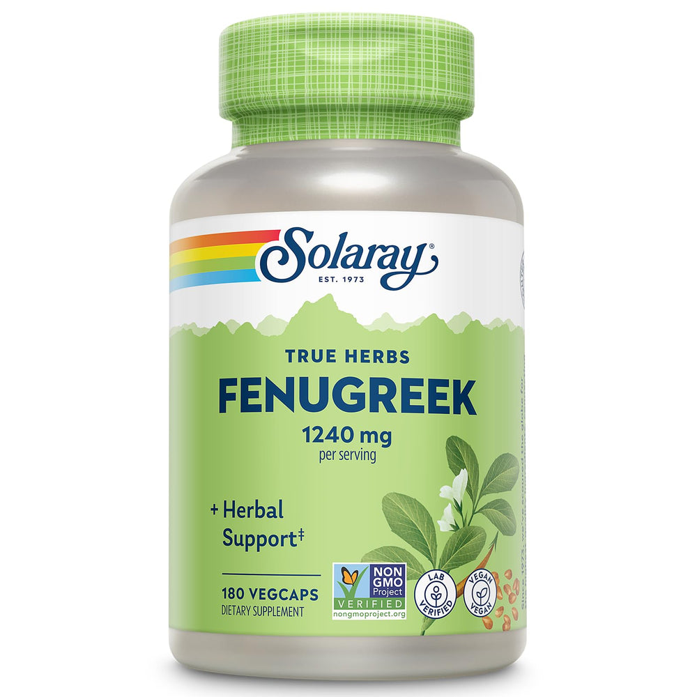 SOLARAY fenugreek seed bottle pour for easy daily digestion support.