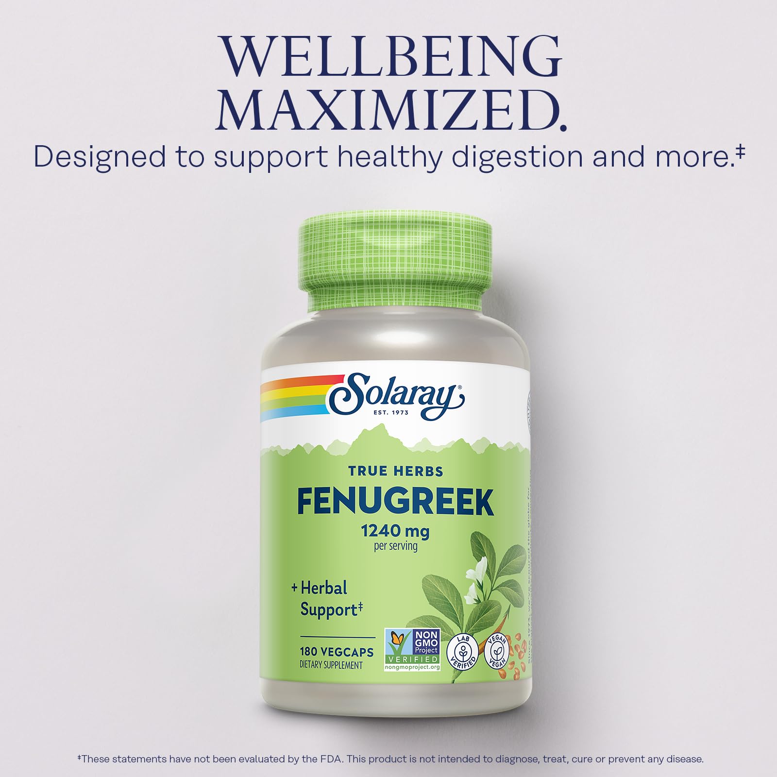 SOLARAY fenugreek seed capsules closeup highlights vegan capsule convenience.