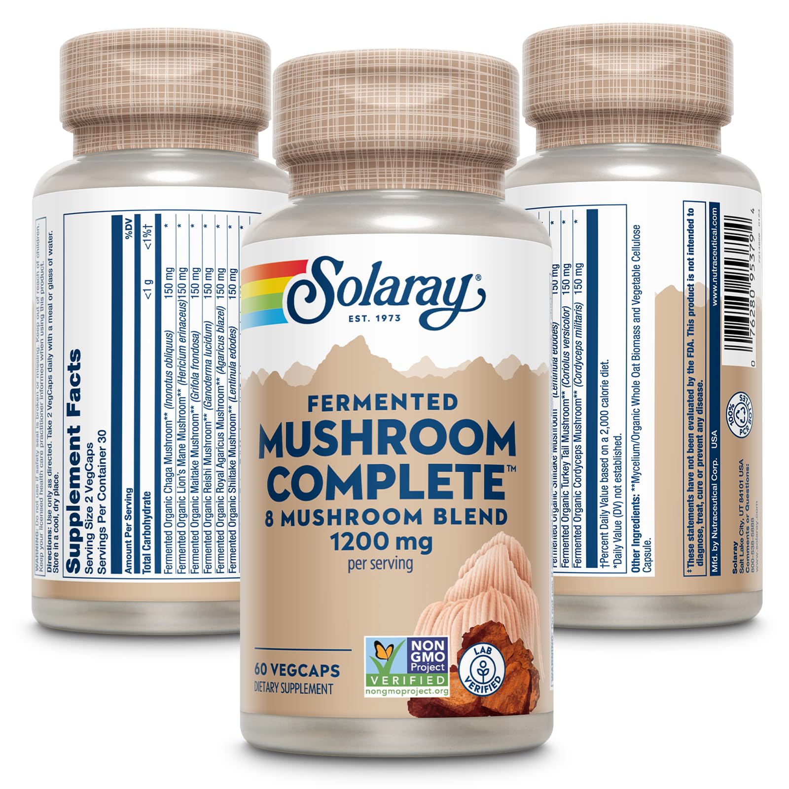 SOLARAY Fermented Mushroom Complete capsules closeup, convenient capsules for everyday use.